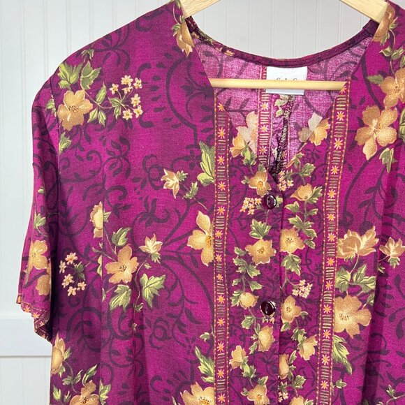 CLC Women's Vintage Floral Button Down Blouse Top Short Sleeve Purple Gold - Picture 1 of 9